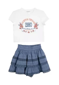 Girls 7-16 Austin Graphic T-Shirt and Tiered Ruffle Skort Set
