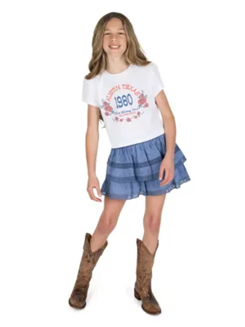 Girls 7-16 Austin Graphic T-Shirt and Tiered Ruffle Skort Set