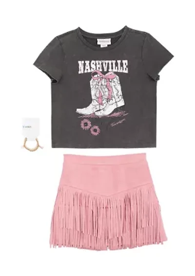 Girls 7-16 Graphic T-Shirt and Fringe Skort Set with Bracelet