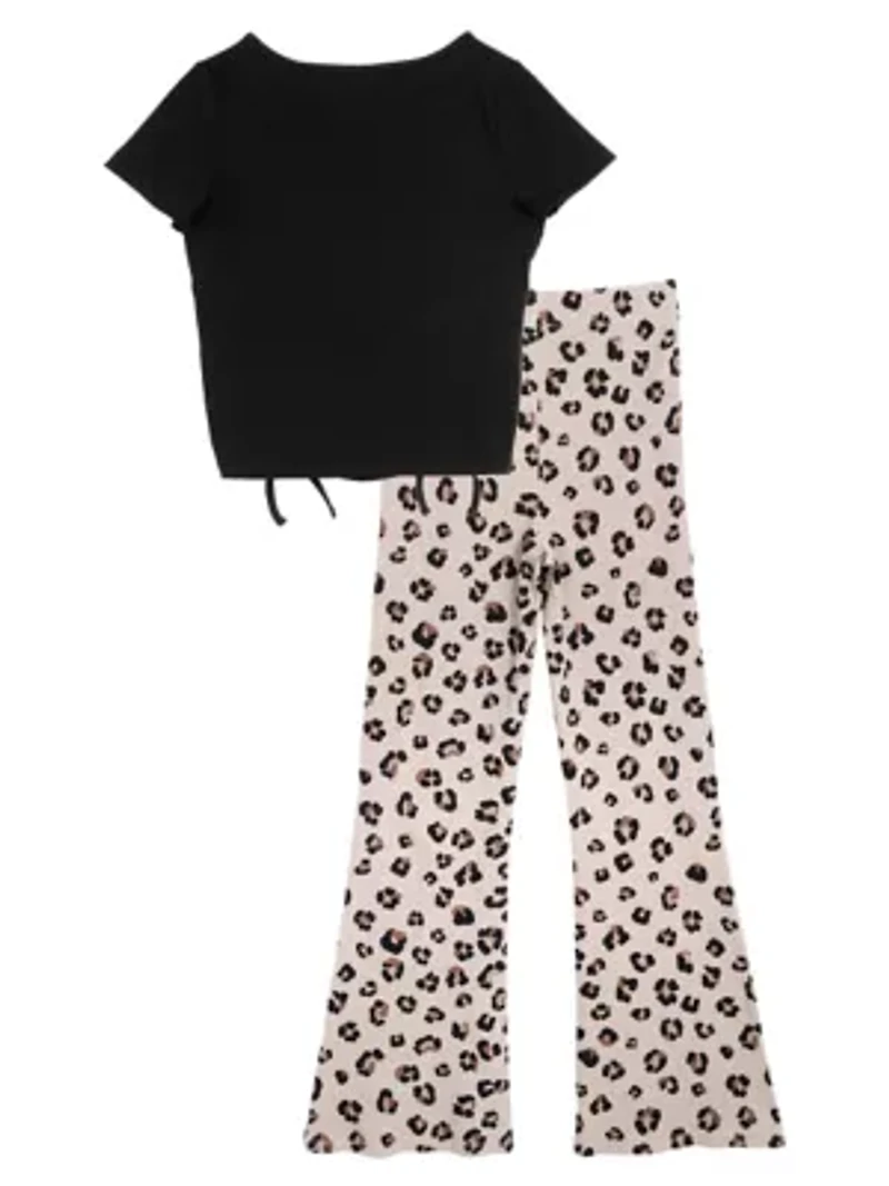 Girl 7-16 Knit Top and Animal Printed Flare Leggings