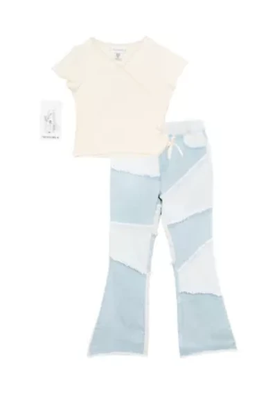 Girls 7-16 Ribbed V-Neck Top and Patchwork Flare Jeans with Accessory