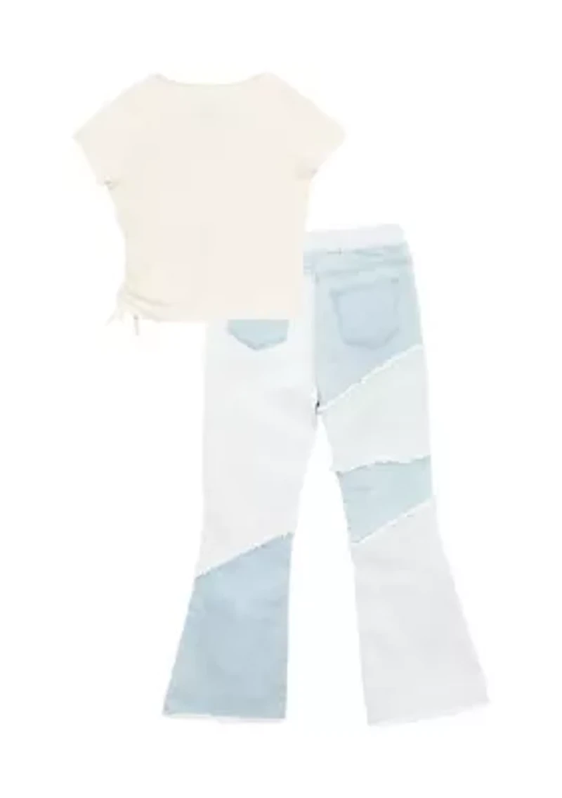 Girls 7-16 Ribbed V-Neck Top and Patchwork Flare Jeans with Accessory