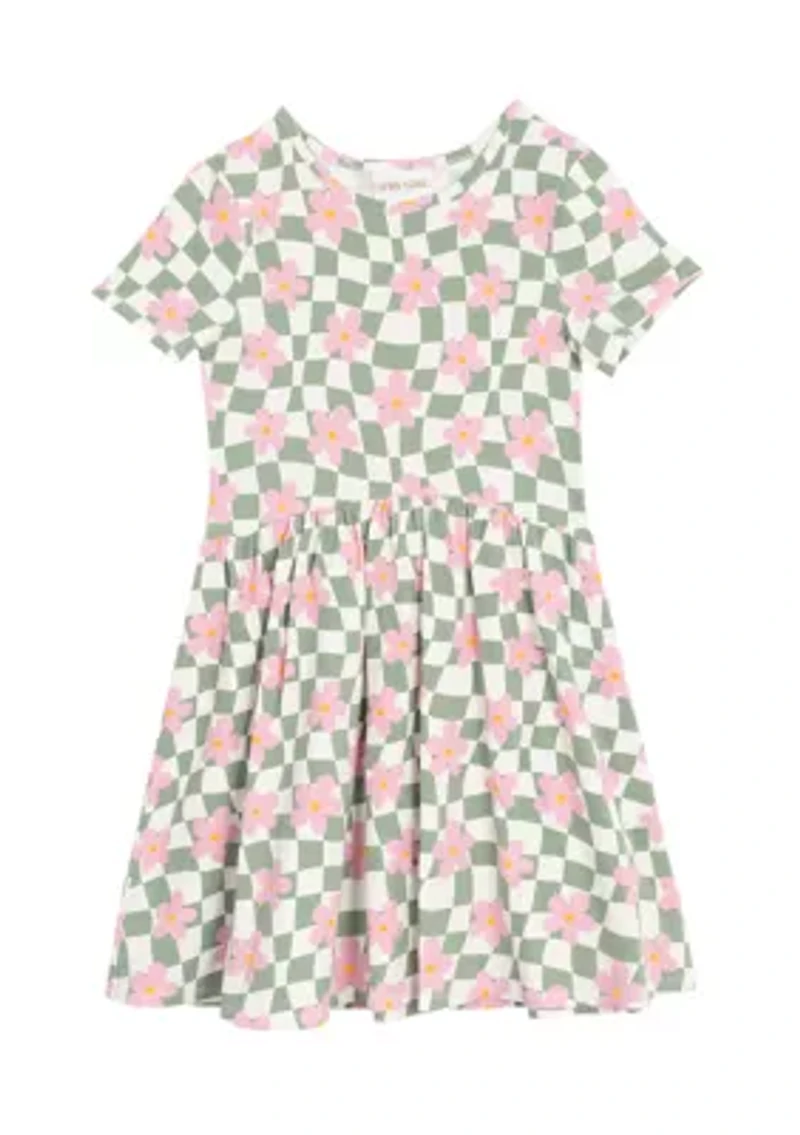 Girls 7-16 Short Sleeve Floral Checkered Skater Dress