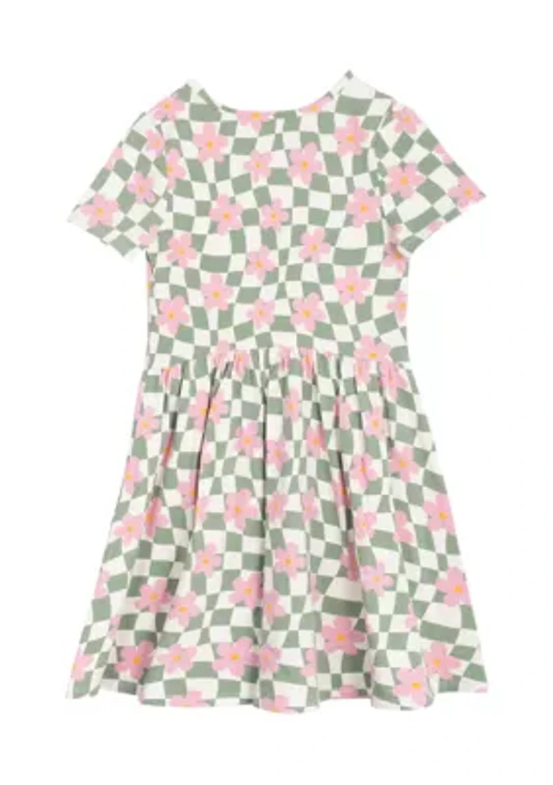 Girls 7-16 Short Sleeve Floral Checkered Skater Dress