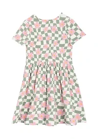 Girls 7-16 Short Sleeve Floral Checkered Skater Dress