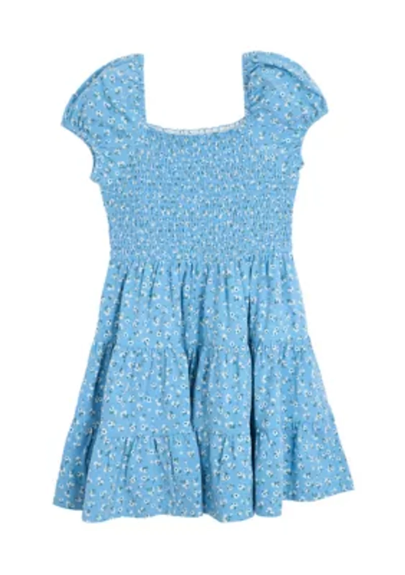 Girls 7-16 Floral Printed Knit Smocked Puff Sleeve Dress