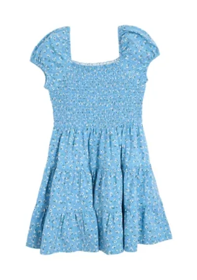 Girls 7-16 Floral Printed Knit Smocked Puff Sleeve Dress