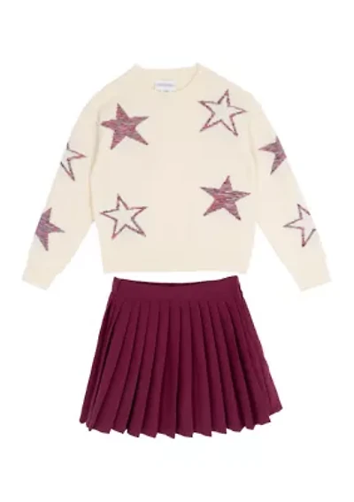 Girls 7-16 Star Sweater and Pleated Skort Set