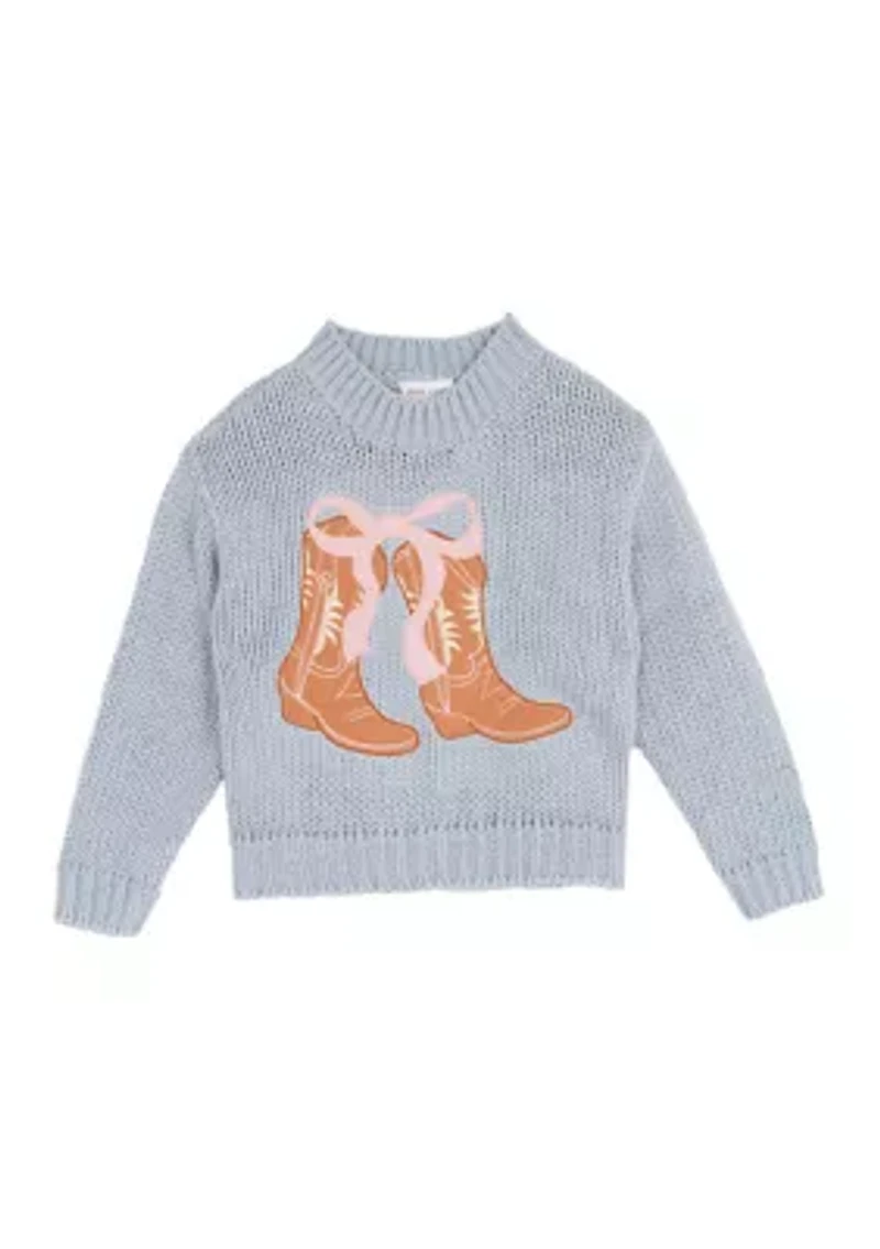 Girls 7-16 Embroidered Cowgirl Boots Sweater