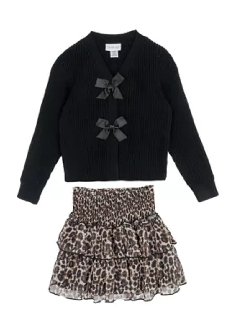 Girls 7-16 Bow Sweater and Animal Printed Skort Set