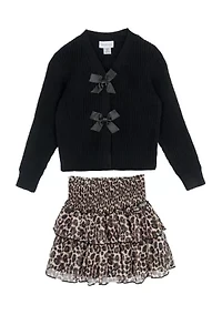 Girls 7-16 Bow Sweater and Animal Printed Skort Set