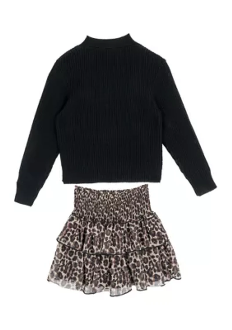 Girls 7-16 Bow Sweater and Animal Printed Skort Set