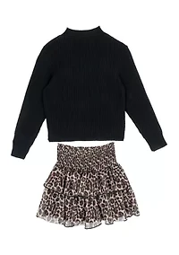 Girls 7-16 Bow Sweater and Animal Printed Skort Set