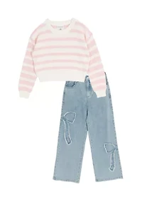 Girls 7-6 Striped Sweater & Bow Jeans Set