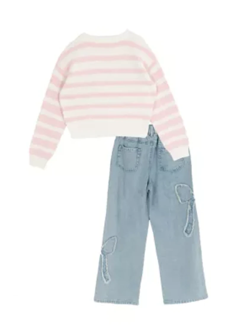 Girls 7-6 Striped Sweater & Bow Jeans Set