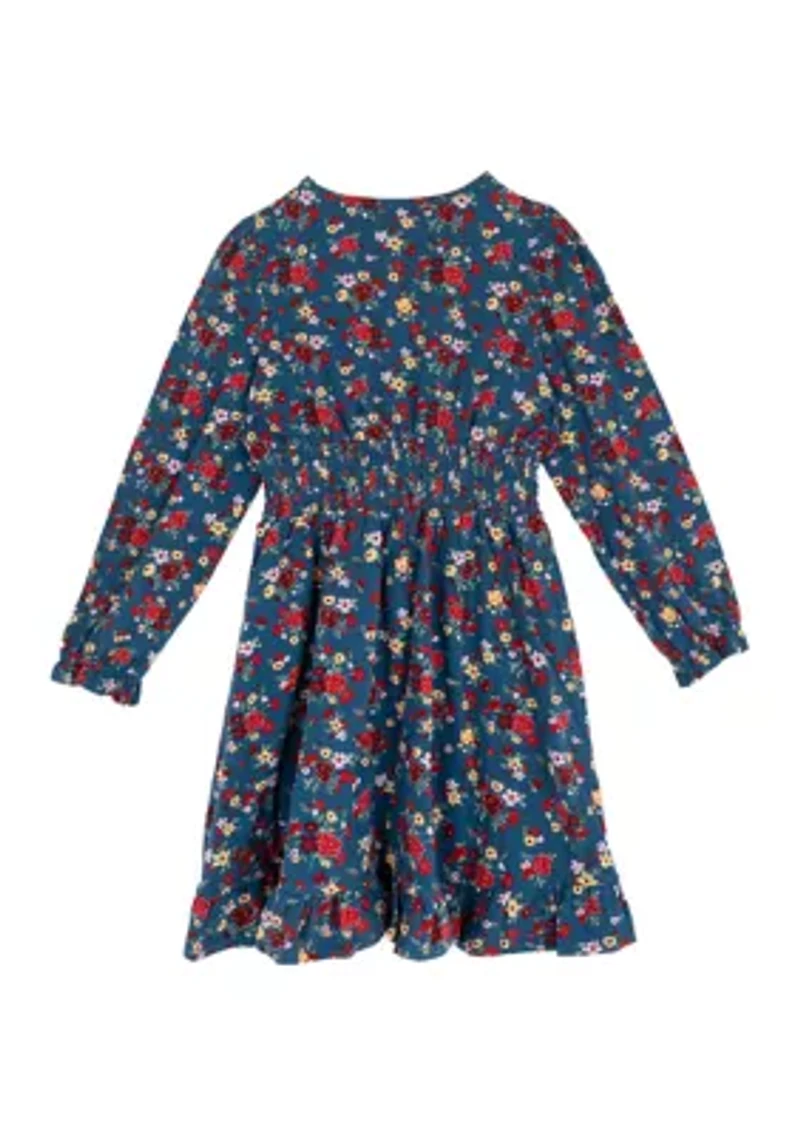 Girls 7-16 Long Sleeve Smock Waist Dress