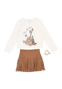 Girls 7-16 Long Sleeve and Suede Fringe Skort Set