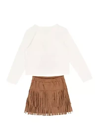 Girls 7-16 Long Sleeve and Suede Fringe Skort Set