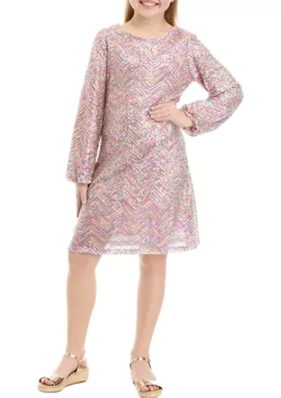 Girls 7-16 Long Sleeve Multicolor Sequin Dress