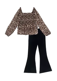 Girls 7-16 Long Sleeve Square Neck Animal Top and Flared Velvet Legging Set