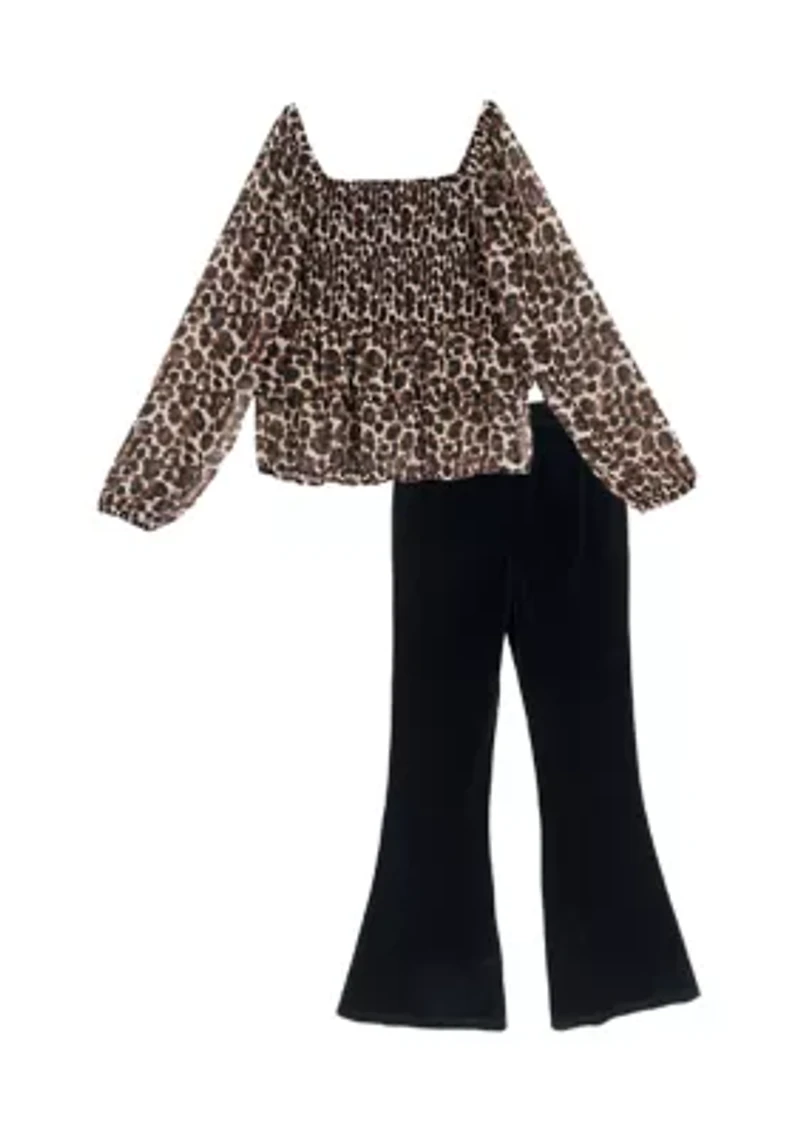 Girls 7-16 Long Sleeve Square Neck Animal Top and Flared Velvet Legging Set