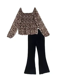 Girls 7-16 Long Sleeve Square Neck Animal Top and Flared Velvet Legging Set