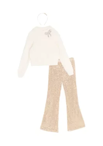 Girls 7-16 Sequin Sweater, Flare Legging and Headband Set