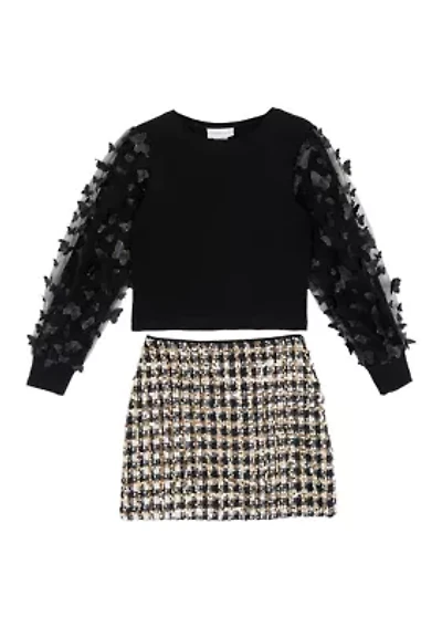 Girls 7-16 Organza Top and Sequin Houndstooth Skirt Set