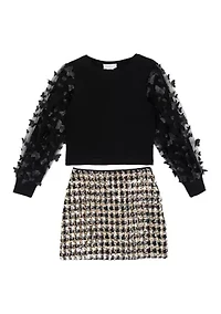 Girls 7-16 Organza Top and Sequin Houndstooth Skirt Set
