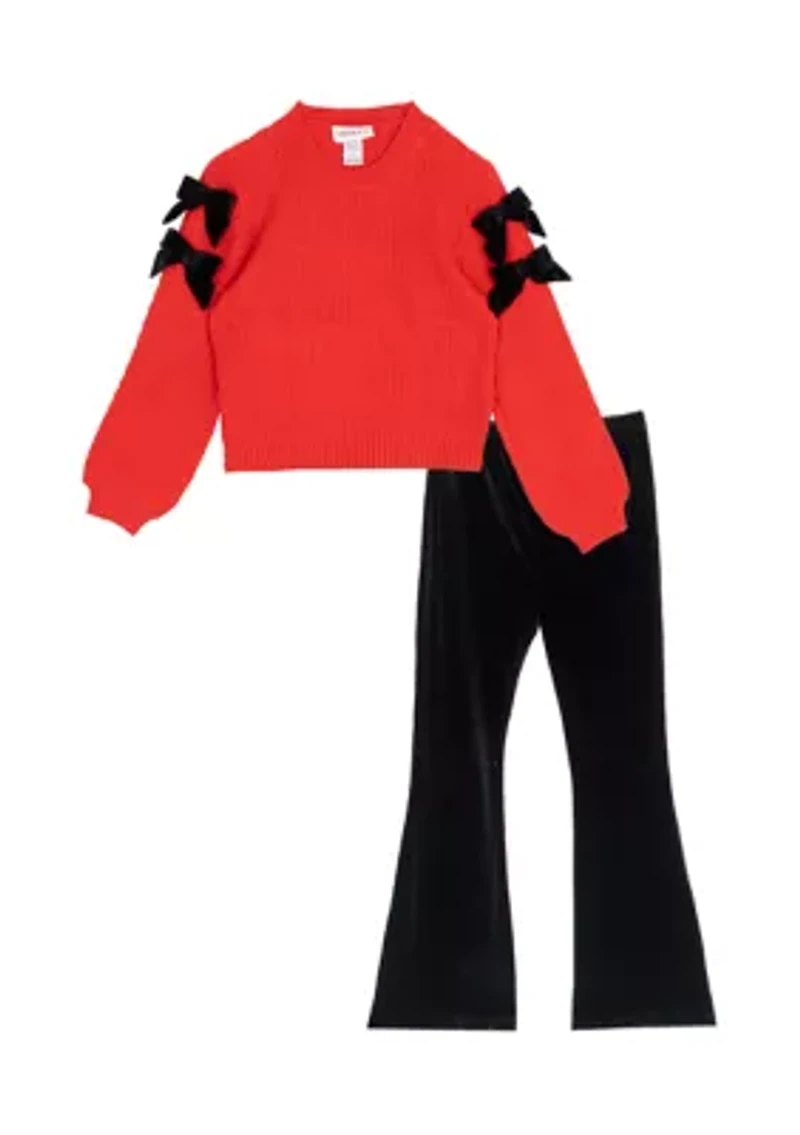 Girls 7-16 Bow Sleeve Sweater and Velvet Pants Set