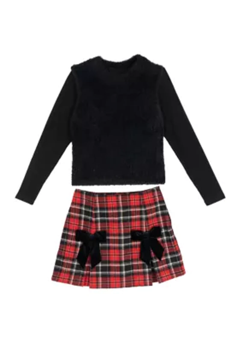 Girls 7-16 Fuzzy Sweater and Plaid Skirt Set
