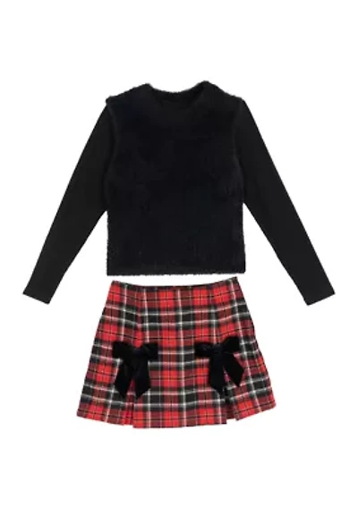 Girls 7-16 Fuzzy Sweater and Plaid Skirt Set