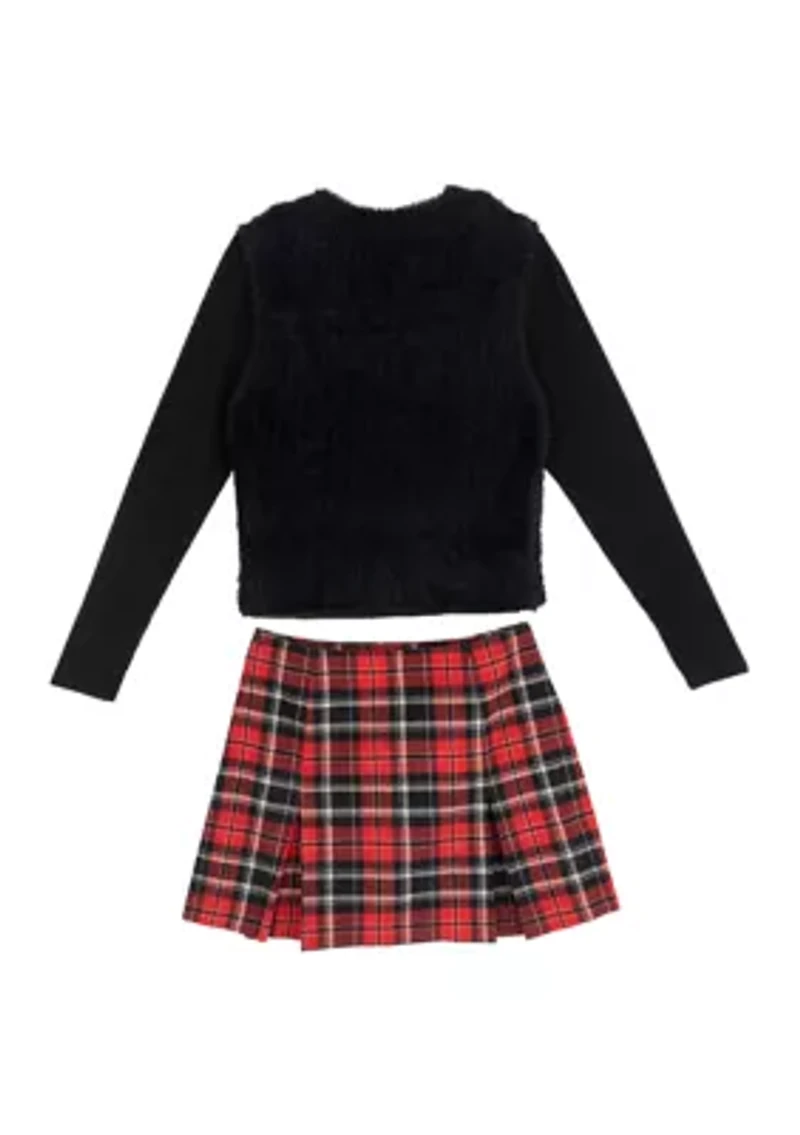 Girls 7-16 Fuzzy Sweater and Plaid Skirt Set