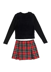 Girls 7-16 Fuzzy Sweater and Plaid Skirt Set