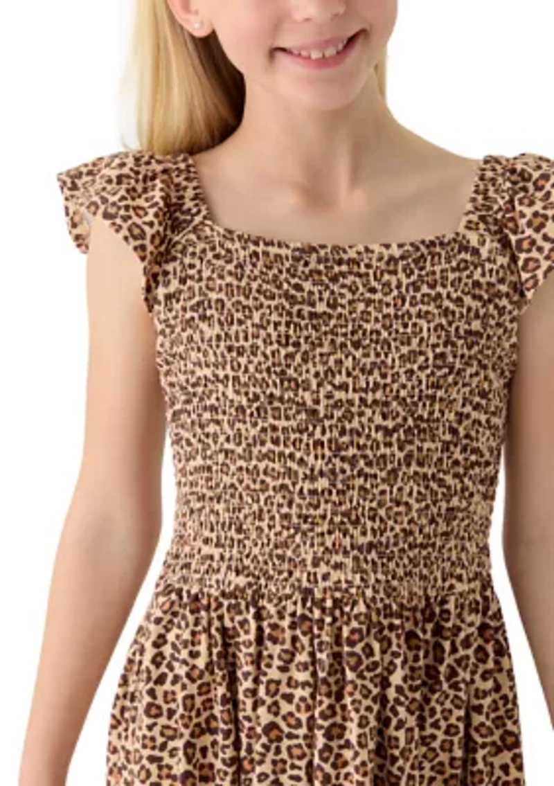 Girls 7-16 Leopard Print Smocked Dress