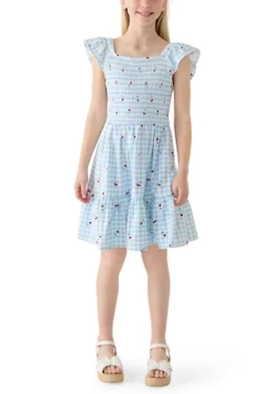 Girls 7-16 Cherry Gingham Smocked Dress