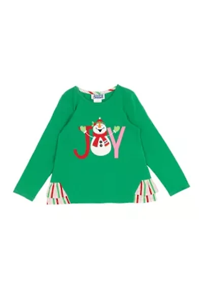 Girls 4-6x Long Sleeve Snowman Joy Graphic T-Shirt with Side Ruffle