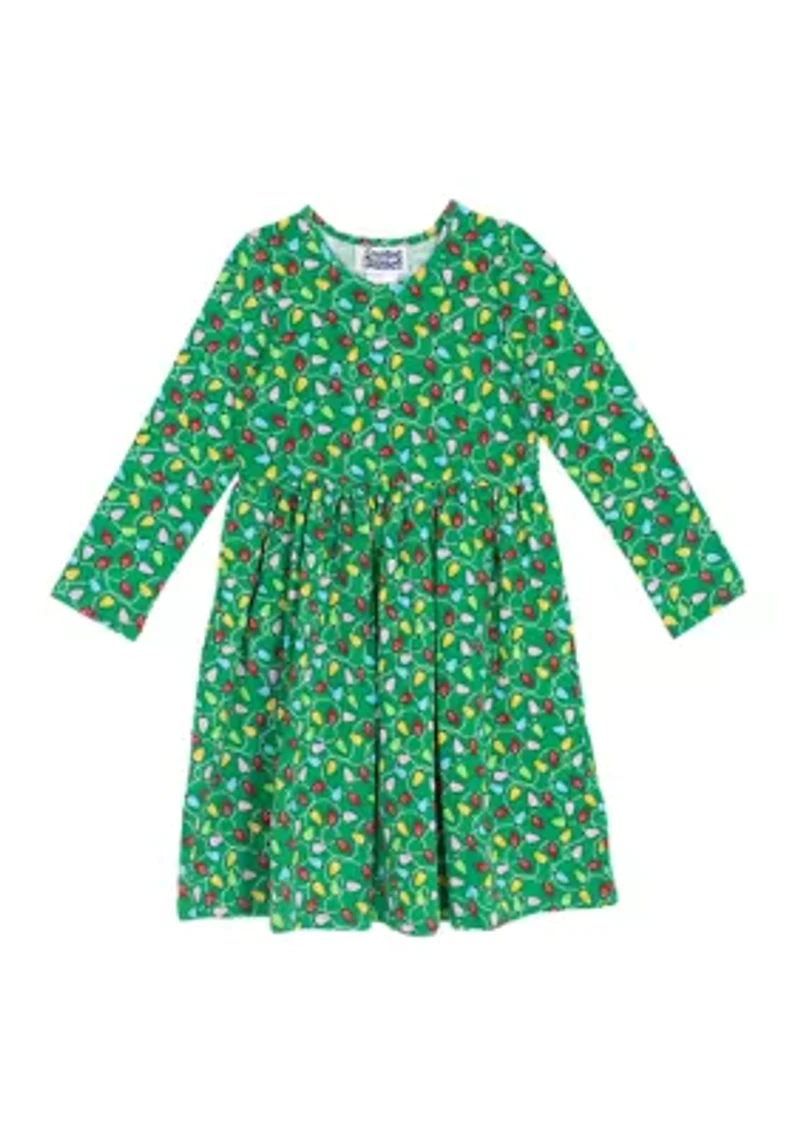 Girls 4-6x Long Sleeve Christmas Lights Print Dress