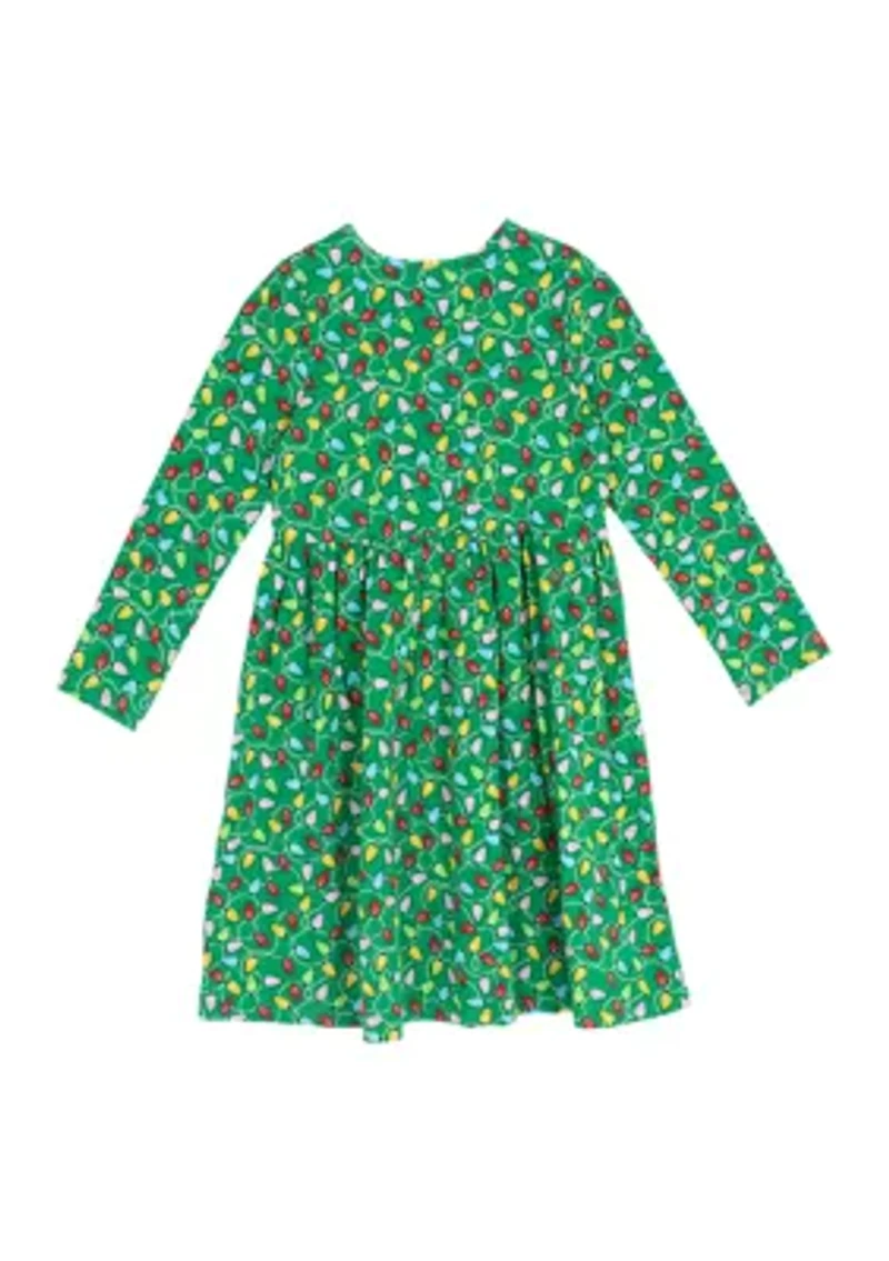 Girls 4-6x Long Sleeve Christmas Lights Print Dress