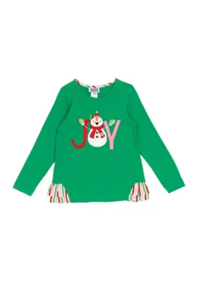 Girls 7-16 Long Sleeve Snowman Joy Graphic T-Shirt with Side Ruffle
