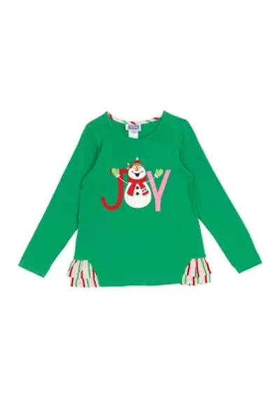 Girls 7-16 Long Sleeve Snowman Joy Graphic T-Shirt with Side Ruffle