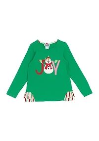 Girls 7-16 Long Sleeve Snowman Joy Graphic T-Shirt with Side Ruffle