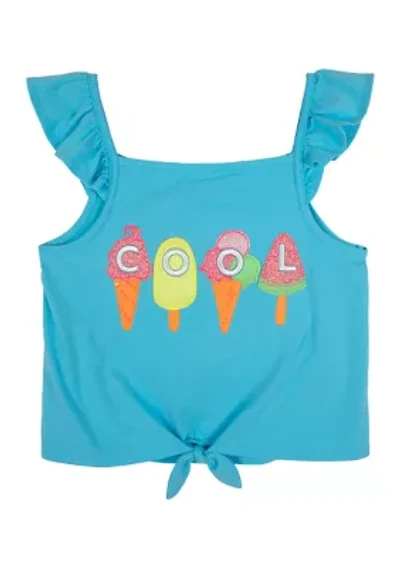 Girls 7-16 Solid Knit Tie Front Top with Appliqué