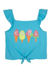 Girls 7-16 Solid Knit Tie Front Top with Appliqué