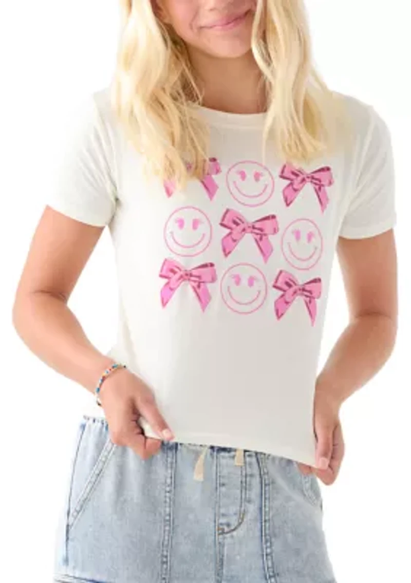 Girl 7-16 Happy Face Pink Bow Graphic T-Shirt