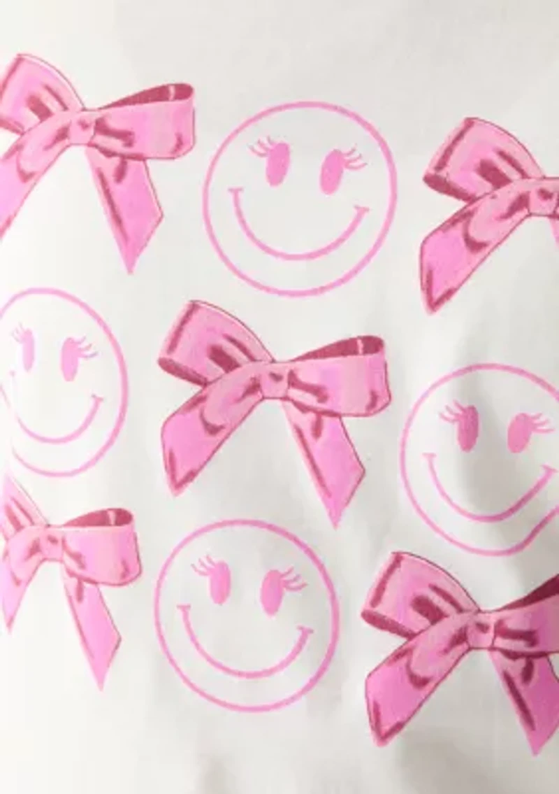 Girl 7-16 Happy Face Pink Bow Graphic T-Shirt
