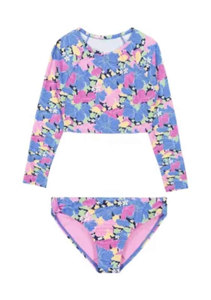 Girls 7-16 Floral Printed Rashguard Set