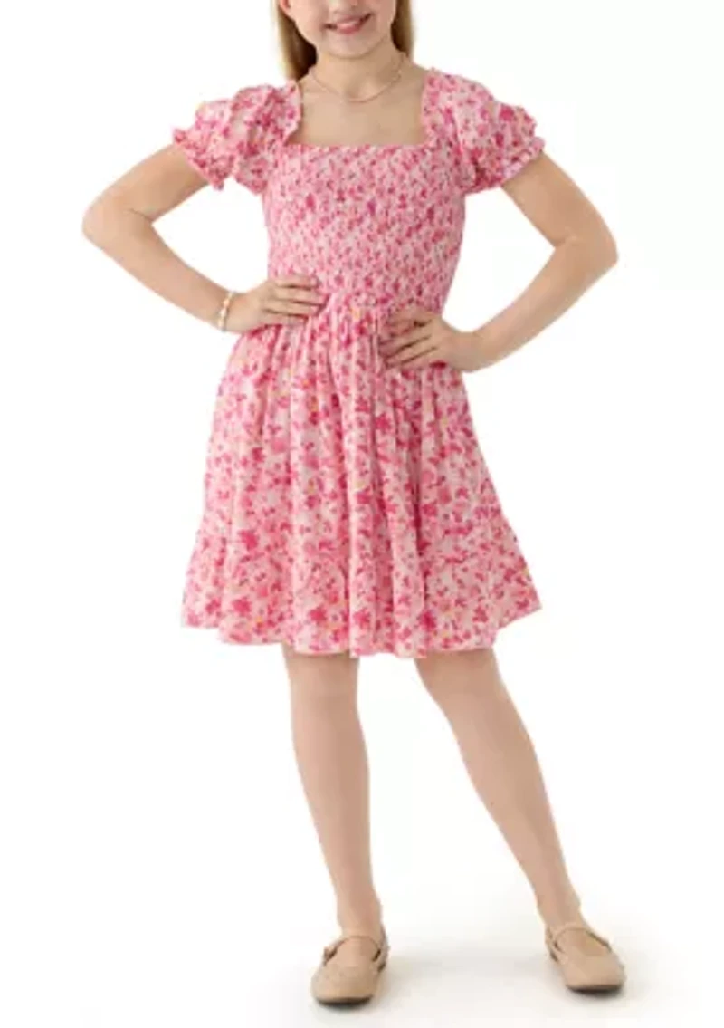 Girls 7-16 Pink Smocked Printed Dress