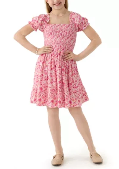 Girls 7-16 Pink Smocked Printed Dress