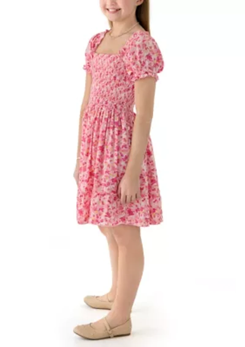 Girls 7-16 Pink Smocked Printed Dress